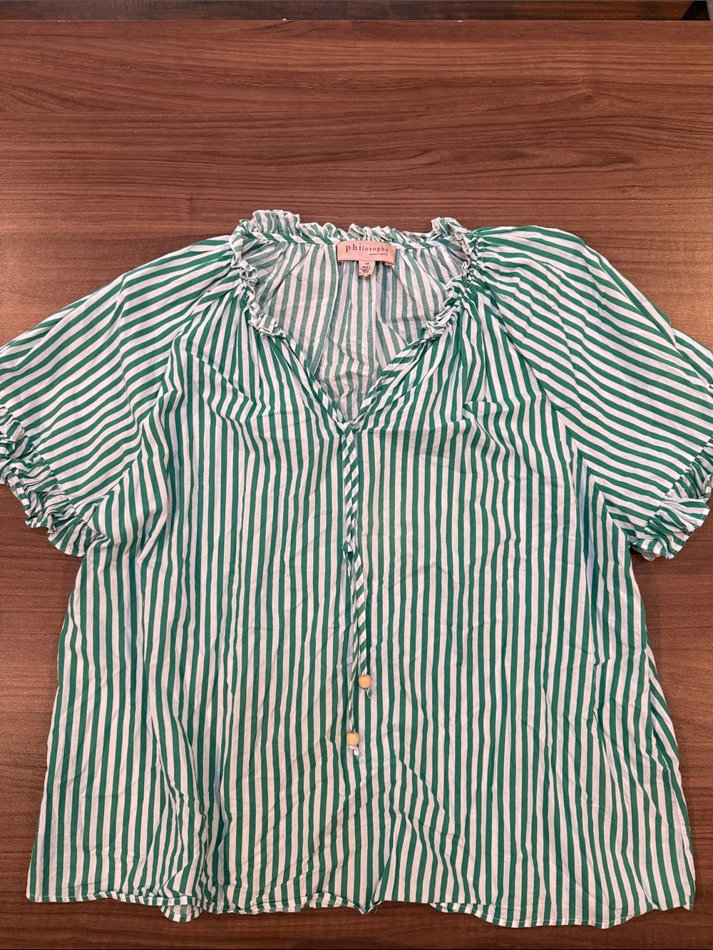 Philosophy Green and White Striped Ruffle-Trim Button Down Top